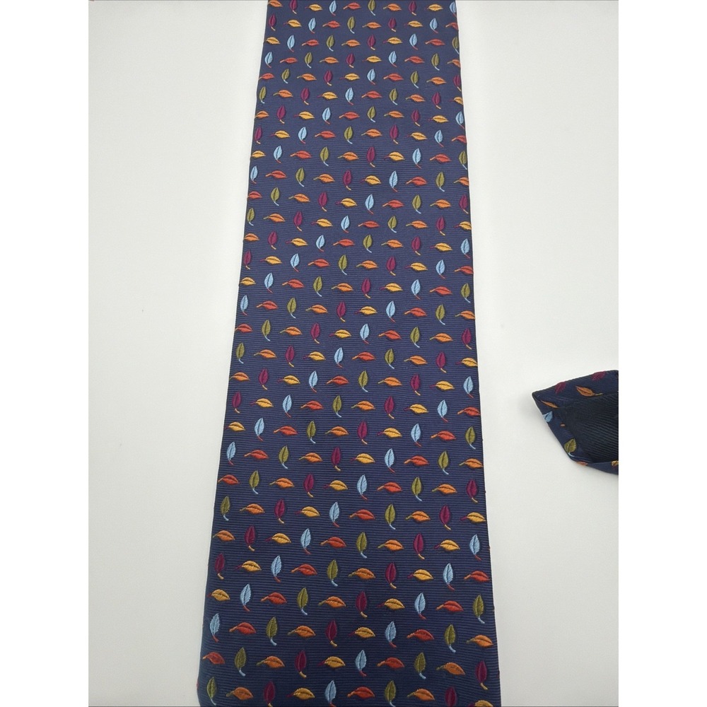 Paul Fredrick Silk Tie Navy Multicolor Leaf Pattern Designer Neck Tie